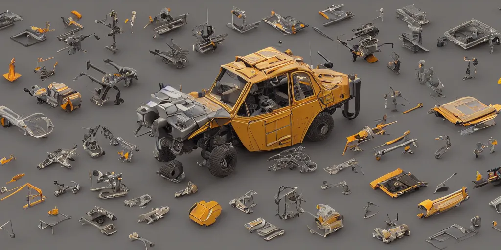 Image similar to collection of exploration of form and shapes, props, hard surface, panel, simon stalenhag, kitbash, items, gadget, big medium small, close up, vehicles, futuristic, parts, machinery, greebles, insanely detailed, case, hardware, golden ratio, wes anderson color scheme