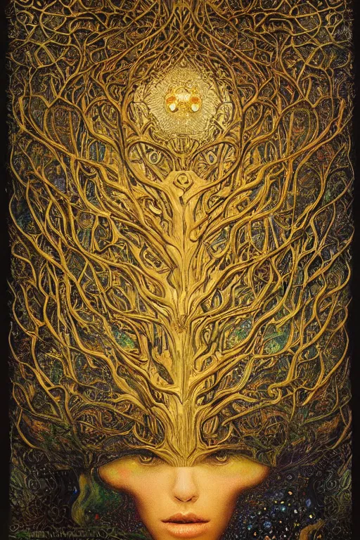 Image similar to Tree of Life by Karol Bak, Jean Deville, Gustav Klimt, and Vincent Van Gogh, mysterious, sacred geometry, Surreality, radiant halo, otherworldly, enigma, fractal structures, celestial, arcane, ornate gilded medieval icon, third eye, spirals