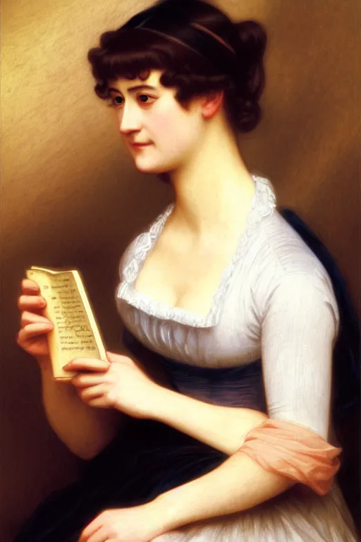 Prompt: jane austen with books, painting by rossetti bouguereau, detailed art, artstation