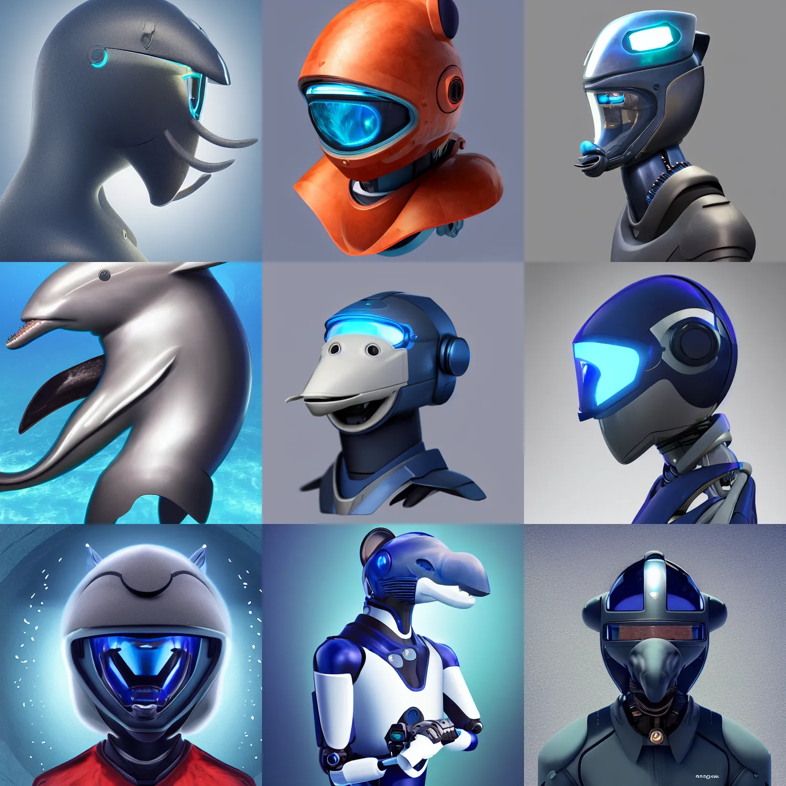 Prompt: very very beautiful furry art, bust profile picture of a male robotic anthro bottlenose dolphin, face covered by opaque visor, truncated snout under visor, smooth rounded shapes, all dark blue metal, commission on furaffinity, cgsociety, octane render, subnautica