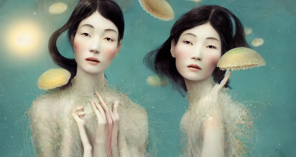 Image similar to closeup shot of asian female wearing a luminous soft fragile jelly fish dress, by ray caesar, by louise dahl wolfe, by andrea kowch, by anna claren, surreal photography