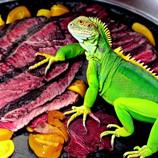 Prompt: iguana in the kitchen holding a spatula cooking a steak, realism,