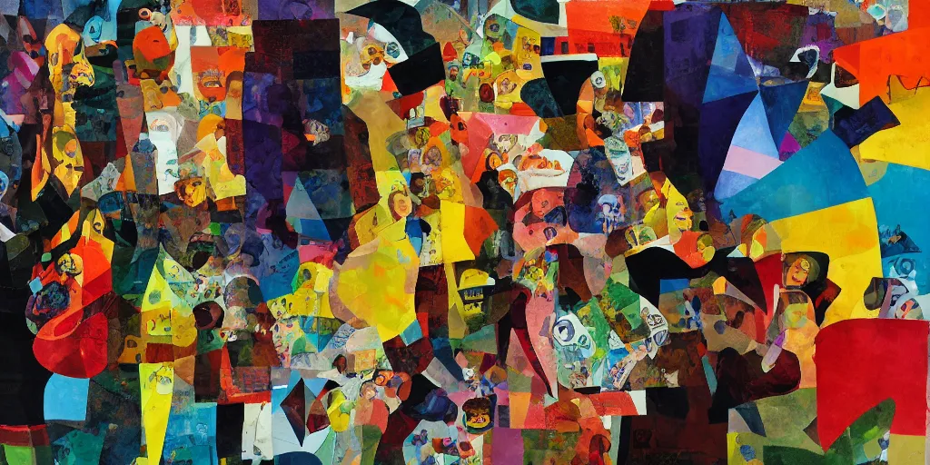 Prompt: people smile, collage, acrylic on canvas, expressionism movement, breathtaking detailed, by blake neubert