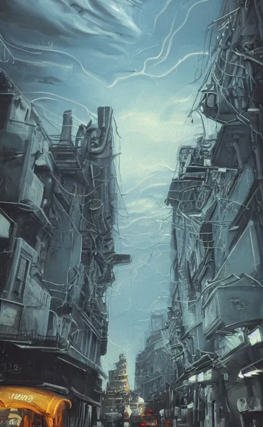 Prompt: stormy squid tentacles in sky. nightmare anomalies. very low angle. very detailed painting by ghibli studios, futuristic. dreamlike. weird. horrific. wet asphalt. city street at 1 9 5 0 s. low angle. old photo. atmospheric. skyscrapers. vivid colours, mysterious. epic scene. 4 k. hyper detailed.
