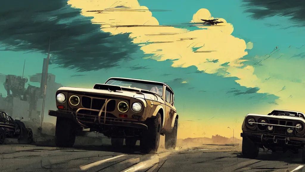 Image similar to digital illustration of mad max's fj 4 0 pursuit special, the last v 8 interceptor driving down a deserted cyberpunk highway in the middle of the day by studio ghibli, anime style year 2 0 9 3, by makoto shinkai, ilya kuvshinov, lois van baarle, rossdraws, basquiat