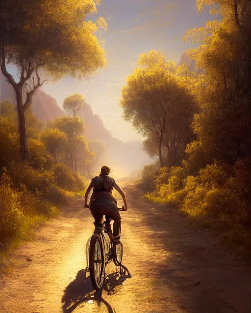 Prompt: a painting of a person riding a bike down a dirt road, a detailed matte painting by julian onderdonk, cgsociety, photorealism, reimagined by industrial light and magic, unreal engine 5, unreal engine