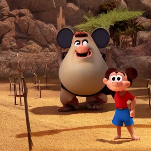 Image similar to film still of David vs Goliath bible story in the style of Disney Pixar Up (2009)