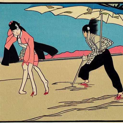 Image similar to Beautiful Japanese woman running from an old samurai on the beach Toshio Saeki, high detailed