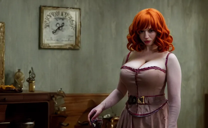 Prompt: movie still of christina hendricks cosplaying as lucy heartfilia from fairy tail, in no country for old men, directed by joel coen, ilya kuvshinov, giuseppe dangelico pino and michael garmash
