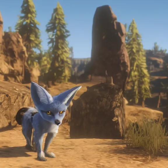 Image similar to a blue fennec fox furry in a fursuit in red dead redemption 1 shooting himself