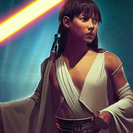 Image similar to Cheyenne the singer as a jedi in star wars, holding a lightsabre. splash art, cinematic lighting, dramatic, octane render, long lens, shallow depth of field, bokeh, anamorphic lens flare, 8k, hyper detailed, 35mm film grain