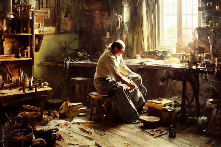 Image similar to oil painting of craftsman buidling a piece of furniture in their workshop, art by anders zorn, wonderful masterpiece by greg rutkowski, beautiful cinematic light, american romanticism by greg manchess, jessica rossier and norman rockwell