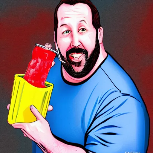 Image similar to Bert Kreischer fat eating Kool aid straight from the jar, photorealistic