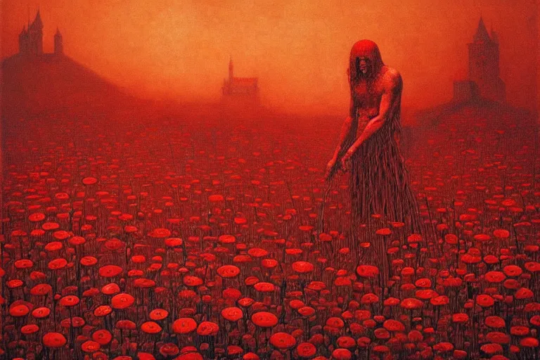 Image similar to only with red, red flowers of different types, a red tiger, a castle in the background, medieval demons dance over the flowers, an ancient path, in the style of beksinski, part by hopper, part by rodcenko, part by hofbauer, intricate composition, red by caravaggio, insanely quality, highly detailed, masterpiece, red light, artstation