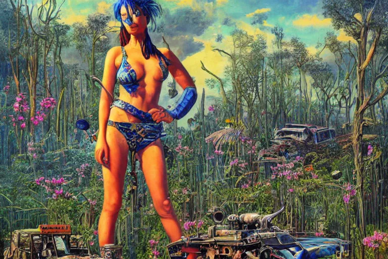 Image similar to oil painting, super - detailed scene tank girl, twilight junkyard, louisiana swamps, indigo blooming flowers garden, 8 k, 8 0 s japanese sci - fi books art, artwork by jean giraud
