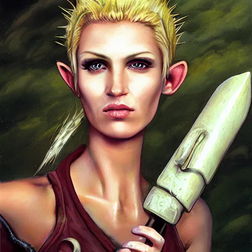 Prompt: close up headshot of a skinny female high-fantasy elf with a long face narrow chin and short spiky blonde hair wearing dark brown overalls and holding a bomb next to a destroyed car, gel spiked blond hair,narrow lips, high resolution film still, HDR color, painting by Gerald Brom