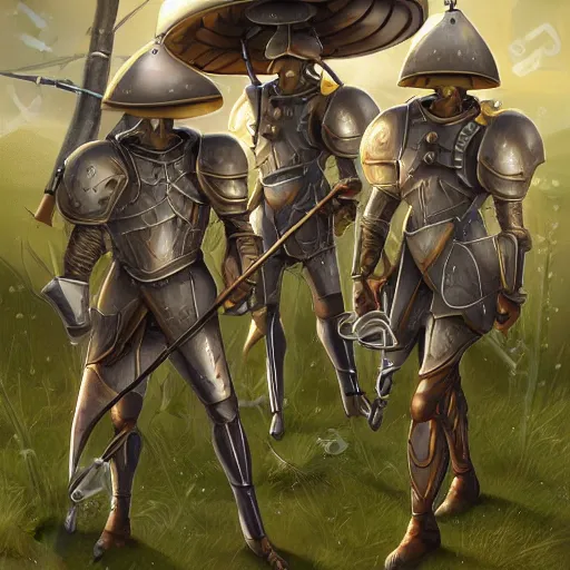 Image similar to cybernetic mushroom archers with medieval armor, digital art, 4K, very detailed