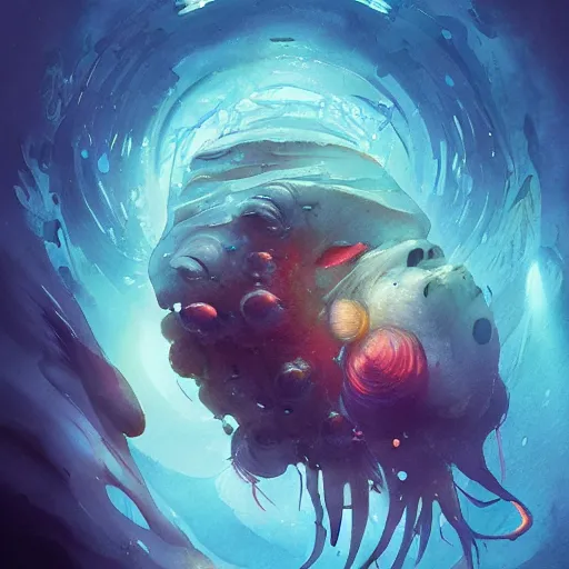 Prompt: a deep sea creature, realistic, digital art, illustration, vibrant watercolor, cold lighting, wenjun lin, reflections, refractions, film grain