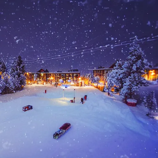 Image similar to cozy winter night at a ski resort, tilt - shift photography, highly detailed snow, low light, illuminated by street lights