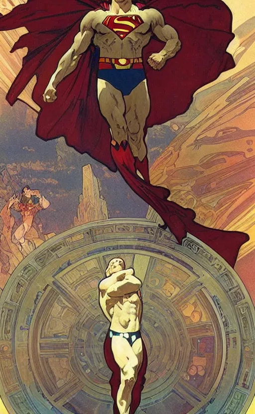 Image similar to a wide angle shot from below!!!, of a male superman with a handsome bodybuilder body walking with the swagger towards camera on mars in a infinite universe, synthwave digital art by alphonse mucha and greg rutkowski