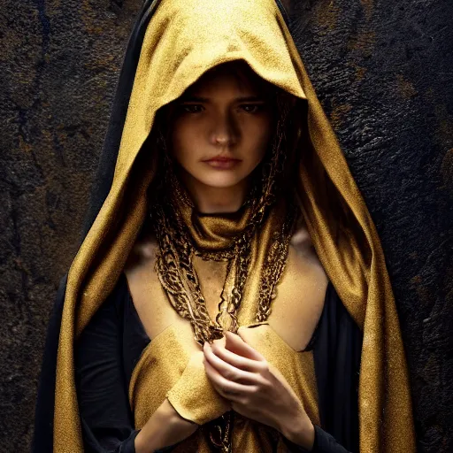 Image similar to a portrait of a young woman wearing a long dark cloak, hood and shadows covering face, holding golden chains, oil painting, matte painting, black background, Volumetric Golden dappled dynamic lighting, Highly Detailed, Cinematic Lighting, Unreal Engine, 8k, HD, by Beksinski