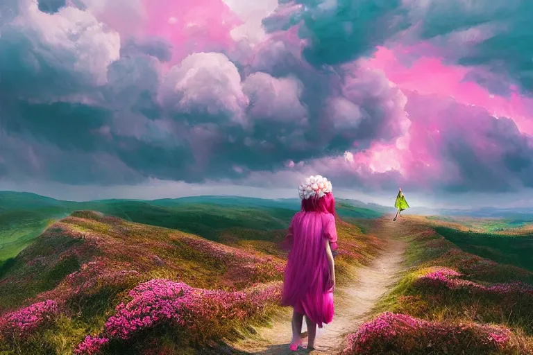 Prompt: giant dahlia flower crown head, girl walking on a mountain, surreal photography, pink storm clouds, dramatic light, impressionist painting, digital painting, artstation, simon stalenhag