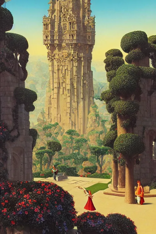 Prompt: ancient carved tower of the moon in its gardens fairytale illustration, elaborate latticed balconies, tall windows, moorish architecture, formal gardens, dramatic cinematic lighting, soft colors, golden age illustrator, unreal engine, by Ludwig Deutsch and Andreas Rocha and (Maxfield Parrish and Nicholas Roerich)