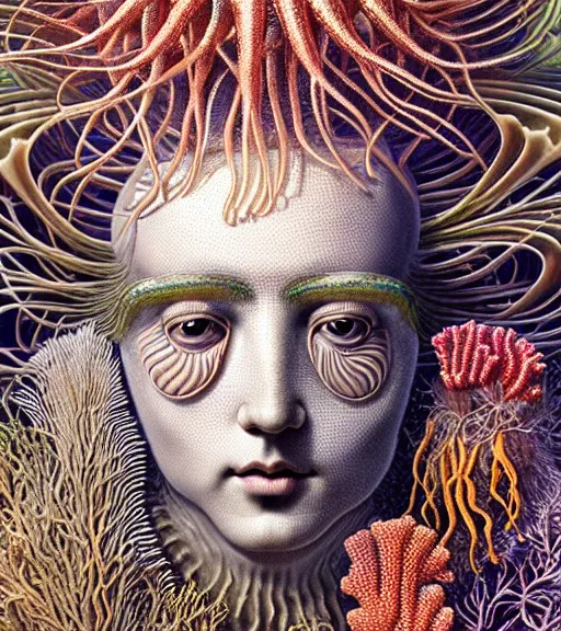 Image similar to hyperrealistic detailed underwater face portrait of the beautiful god of the jellyfish with an intricate headgear of corals, sea kelp, sea plants, fish, starfish, jellyfish, art by ernst haeckel, victor ngai, john william godward, android jones, gothic, neo - gothic, ornamental, beautiful deep colours,