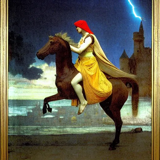 Image similar to Magician riding a horse leaving the castle through the bridge, thunderstorm, beach ocean on the background major arcana sky, by paul delaroche, alphonse mucha and arnold böcklin arnold böcklin hyperrealistic 8k, very detailed