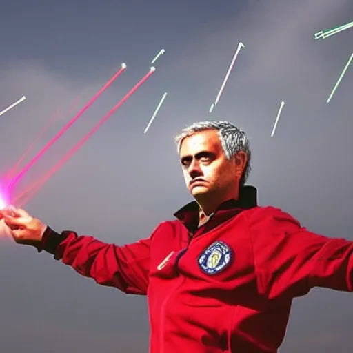 Image similar to jose mourinho jumping shooting lasers, in the sky, clouds, beautiful picture