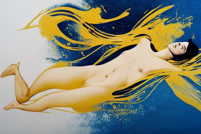 Image similar to beautiful serene swimming person, healing through motion, life, minimalistic golden and ink airbrush painting on white background