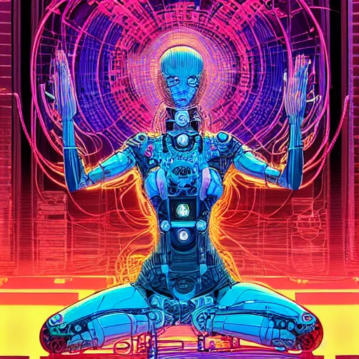 Image similar to a portrait of a beautiful cybernetic woman meditating in lotus pose, wires, cyberpunk concept art by josan gonzales and philippe druillet and dan mumford and enki bilal and jean claude meziere