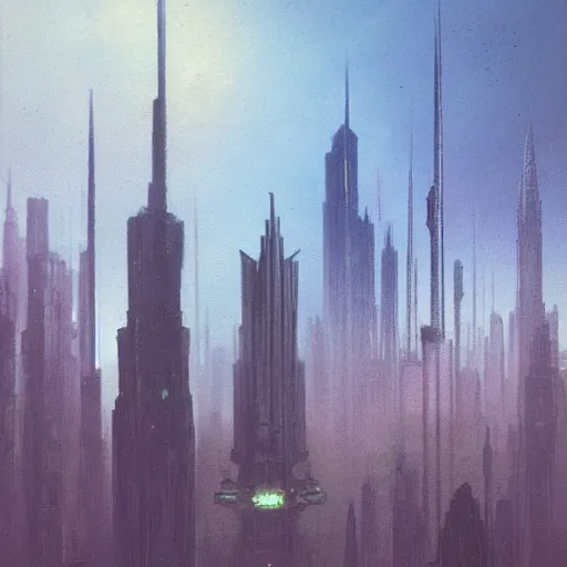 Image similar to towering spires of buildings, cyberpunk bladerunner style, beksinski and star wars style painting