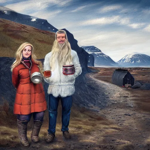 Image similar to a highly detailed portrait of a couple holding a tin can, remote icelandic village, blonde hair, trending on artstation,