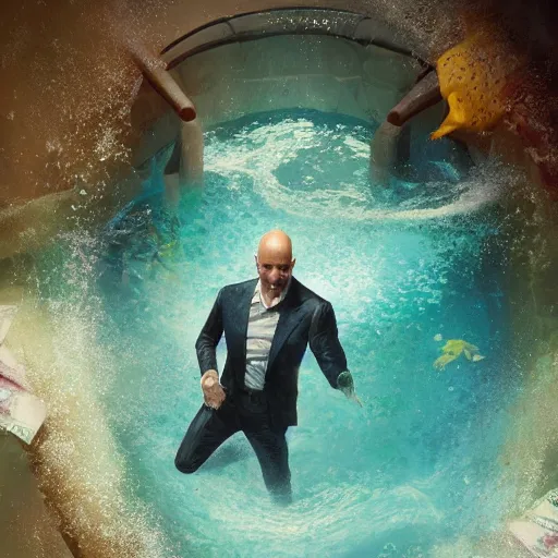 Image similar to jeff bezos swimming in a pool filled with cash, 4 k, photography, extremely detailed, digital art, trending on artstation, greg rutkowski, cinematic lighting, hyperrealistic