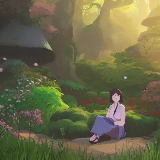 Image similar to woman sitting in a fantasy garden, cottagecore, atey ghailan, goro fujita, studio ghibli, rim light, sharp lighting, clear focus, very coherent,