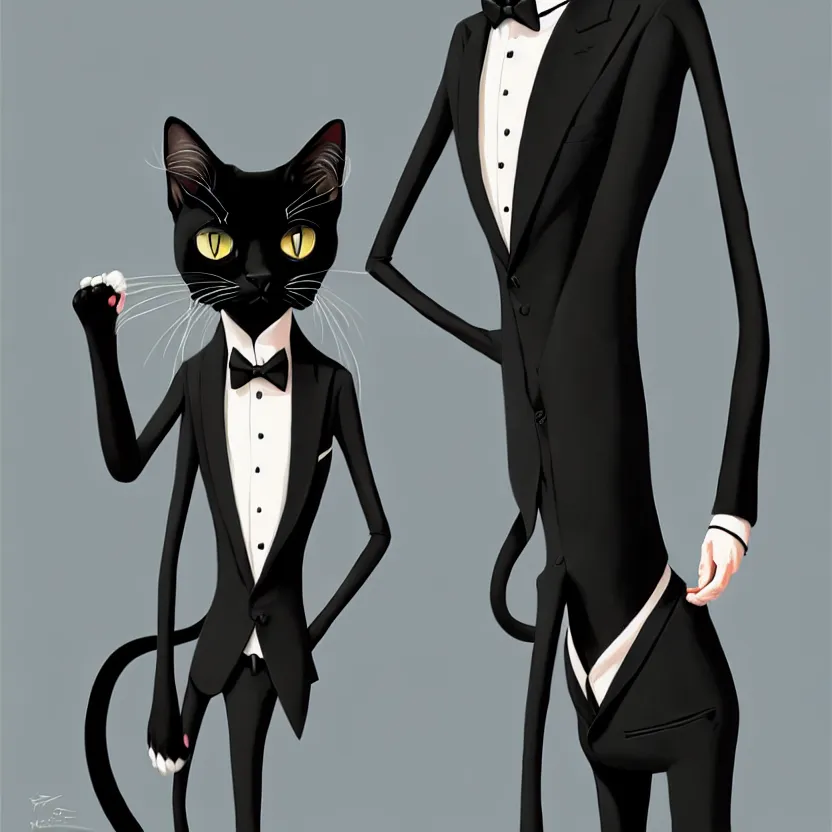 Image similar to slim cruel business humanoid cat in tuxedo with black bob hair, elegant, 2 d, ultra highly detailed, digital painting, smooth, sharp focus, artstation, art by ilya kuvshinov!