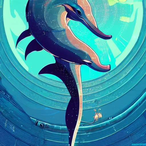 Image similar to a beautiful hyperdetailed character design 4 k wallpaper illustration of a cute dolphin, victo ngai cyberpunk style, from china, style of studio ghibli, makoto shinkai, raphael lacoste, louis comfort tiffany, artgerm, james jean, ross tran, chinese style