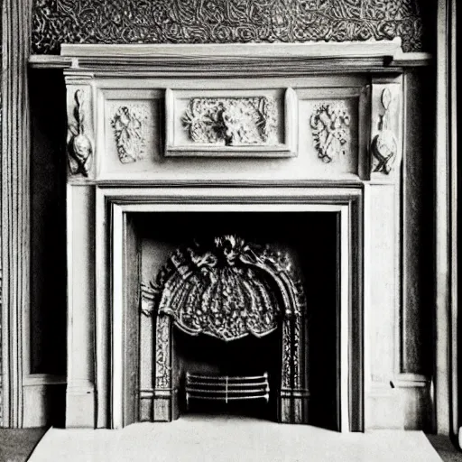 Prompt: grainy 1800s photo of an ornate fireplace that has lights swirling and sparkling in patterns inside it