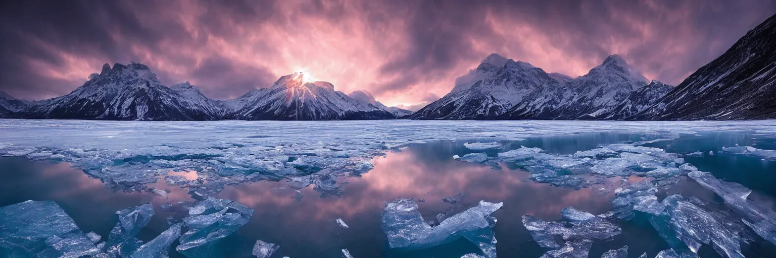 Image similar to amazing landscape photo of A (gigantic) monster trapped under the ice transparent frozen lake at sunset by marc adamus beautiful dramatic lighting