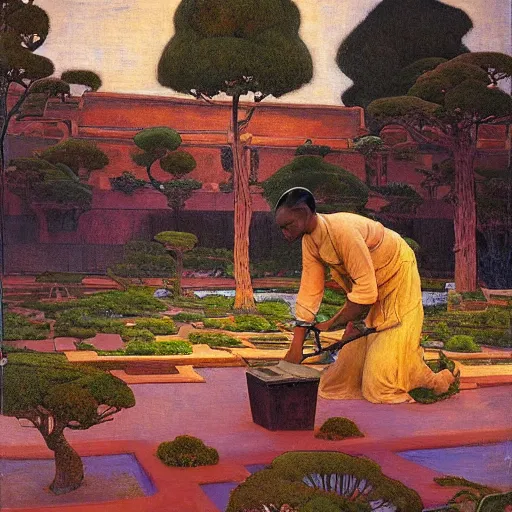 Image similar to Old African gardener cutting bonsai trees, isyllic Garden, by Annie Swynnerton and Nicholas Roerich and jean delville, glowing paper lanterns, strong dramatic cinematic lighting , ornate tiled architecture, lost civilizations, smooth, sharp focus, extremely detailed