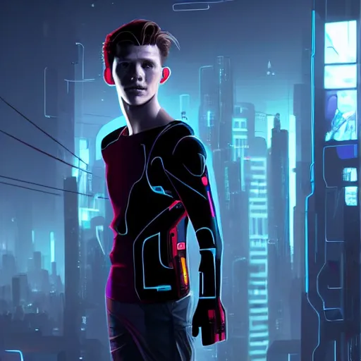 Image similar to tom holland as an android, cyberpunk, dream sequence, lonely, concept art, smooth, high quality