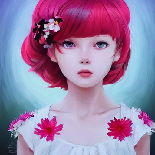 Image similar to little girl with flowers in hair wearing an white dress. black, red, white and pink color palette. art by ilya kuvshinov, profile picture, inspired in hirohiko araki, realistic, highly detailed, 8 0 s anime art style