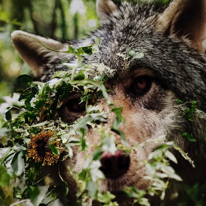 Image similar to overgrown foliage taking over a realistic furry wolf skull, close - up, 3 5 mm, f 1. 8, bokeh, beautiful, lens flare, emotional, sweet, flowers, detailed, picture, trending on artstation, award - winning, shiny, golden