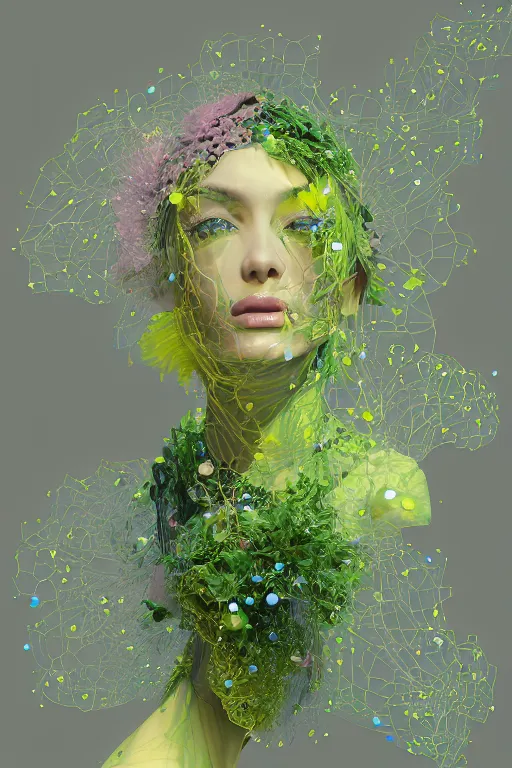 Prompt: trans model, vine headdress, moss patches, 2 0 mm, with pastel yellow and green bubbles bursting, voronoi, melting into past selves, delicate, beautiful, intricate, houdini sidefx, by jeremy mann and ilya kuvshinov, jamie hewlett and ayami kojima, bold 3 d