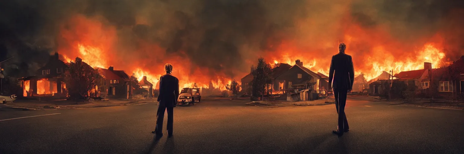 Image similar to detailed medium format photo, cinema still from a 9 0's scandinavian movie, sleazy man watching night streets while a single house burns in the background, haze, high production value, intricate details, 8 k resolution, hyperrealistic, hdr, photorealistic, high definition, tehnicolor, award - winning photography, masterpiece, amazing colors