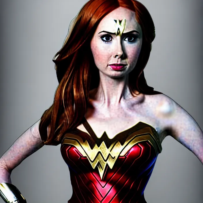 Image similar to full length portrait photograph of karen gillan as wonder woman, Extremely detailed. 8k