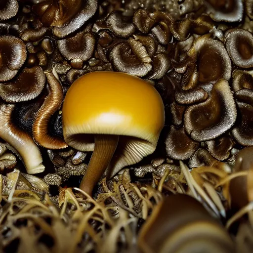 Image similar to golden teacher mushroom in backlighting to dropping spores, unreal engine, closeup