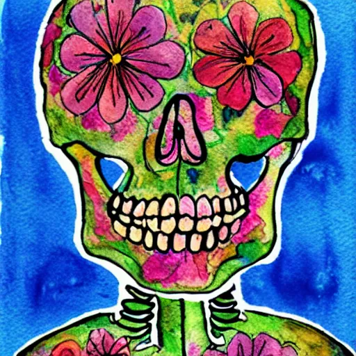 Image similar to skeleton surrounded by flowers, watercolor