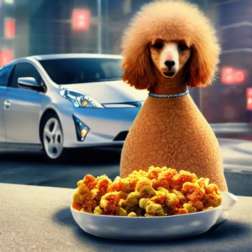 Image similar to a closeup photorealistic photograph of a poodle eating from a jar of mustard. toyota prius is in the background. professional capture. brightly lit scene. this 4 k hd image is trending on artstation, featured on behance, well - rendered, extra crisp, features intricate detail, epic composition and the style of unreal engine.